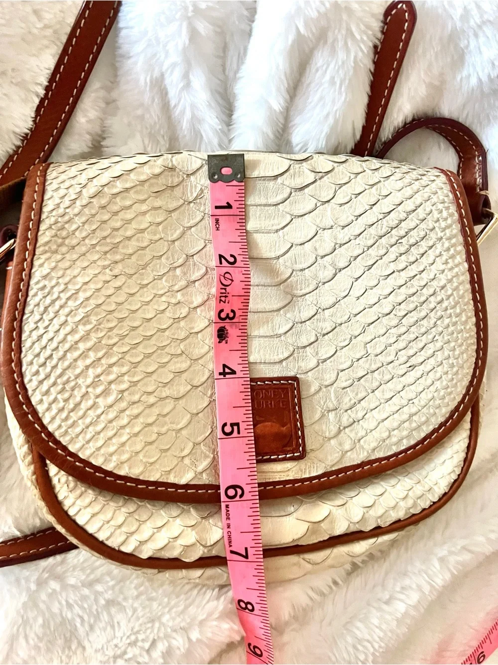 Dooney Crossbody Saddle Bag Vintage Embossed Cream/Bone white w/Brown Trim - Picture 13 of 16